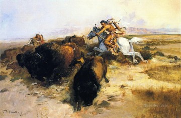 Indios americanos Painting - Caza de búfalos 1897 Charles Marion Russell Indios americanos